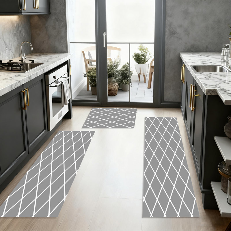Machine Washable Non-SlipKitchen Mat(Set of 3), Gray Geometric