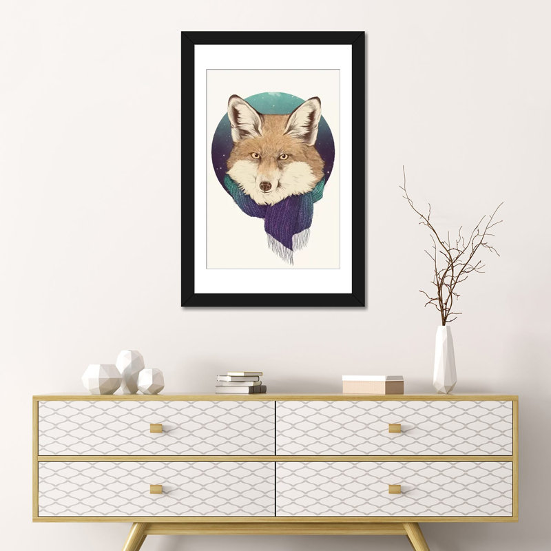 «Fox» par Laura Graves, impression sur toile, H 24 po x l 16 po x P 1 po, Papier beaux-arts encadré noir, Blanc