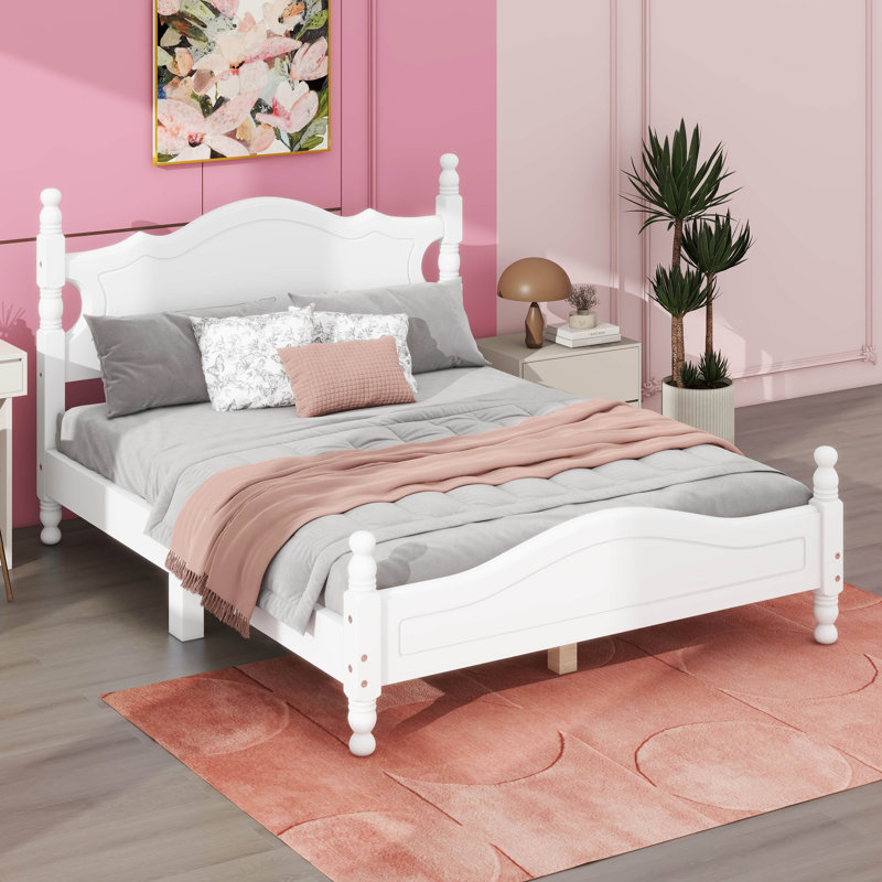  Cadre de lit plateforme en bois, lit plateforme de style rétro, Double, Blanc