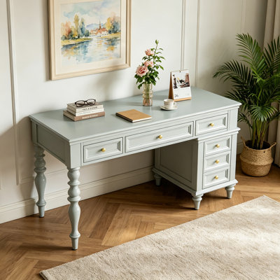 Country Style Solid Wood Desk with 6 Drawers