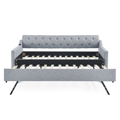 Twin Size Upholstery Daybed With Twin Size Erectable Trundle And USB Charging Design, Linen Grey