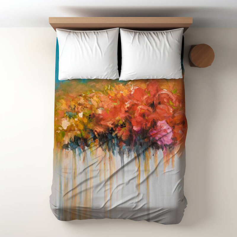 Polyester Sateen Duvet Cover, Twin Duvet, Blue Orange Flowers Bundle