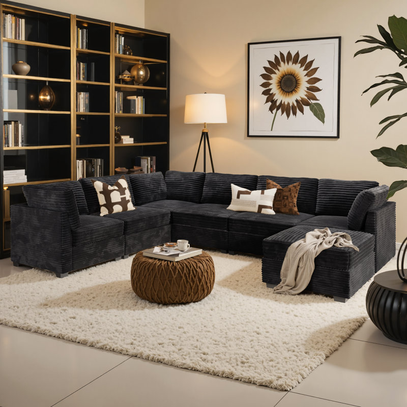 Hogle Modern Modular U-Shaped Sectional Plush Corduroy Sofa With Movable Ottoman, Wide Deep Seats For Living Room