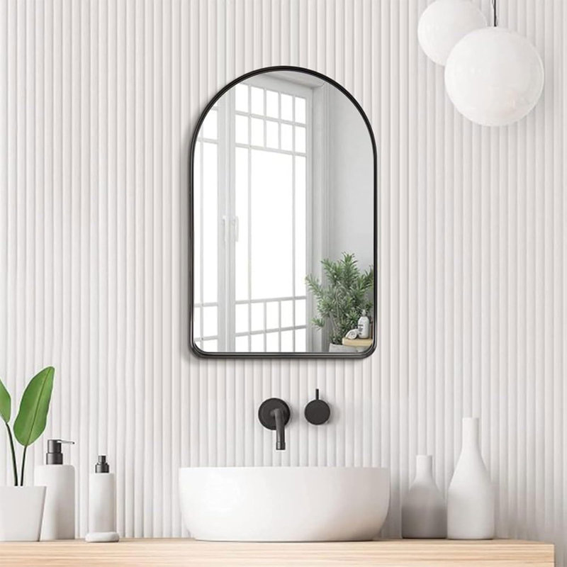 Hafsa Antique Arched Bathroom Vanity Mirror | Stainless Steel Frame, 35" x 22", Matte Black