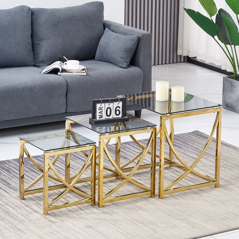 Darrie Stainless Steel Nesting Tables With Tempered Glass Top Set of 3 For Living Room (Curve), Gold/Black Grey