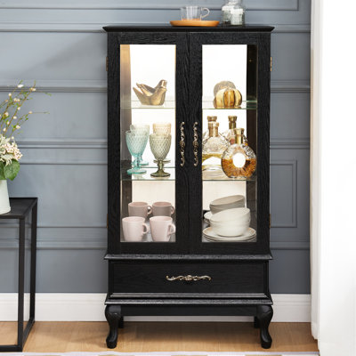 Armoire à vin à 2 portes avec système d'éclairage intégré, tablettes réglables, finition noire, tiroir caché et dossier en miroir - Créez un éclairage captivant et curieux