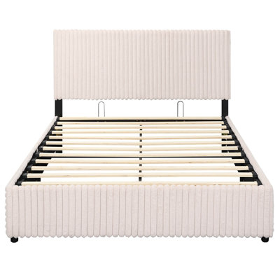 Grand lit escamotable avec rangement hydraulique, support à lattes en bois, beige