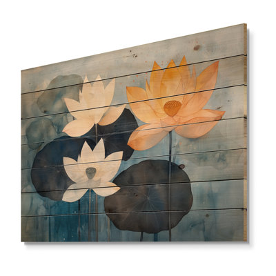 Harmonie de lotus dans l'étang I - impression moderne en bois orange sur bois de pin naturel