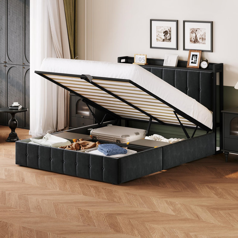 Full Size Lift Up Storage Bed, Upholstered Velvet Bed Frame with Storage Headboard, Metal Platform Bed, No Box Spring Needed, Solid Wooden Slats, Noise Free, Black