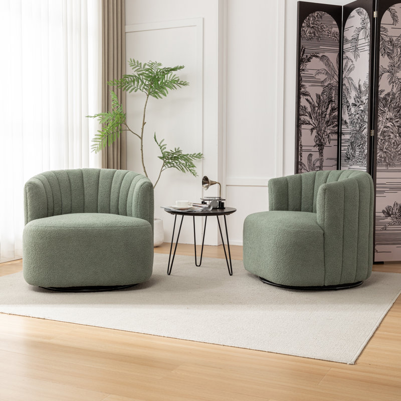 Musaab Upholstered Swivel Barrel Chair, Green Teddy