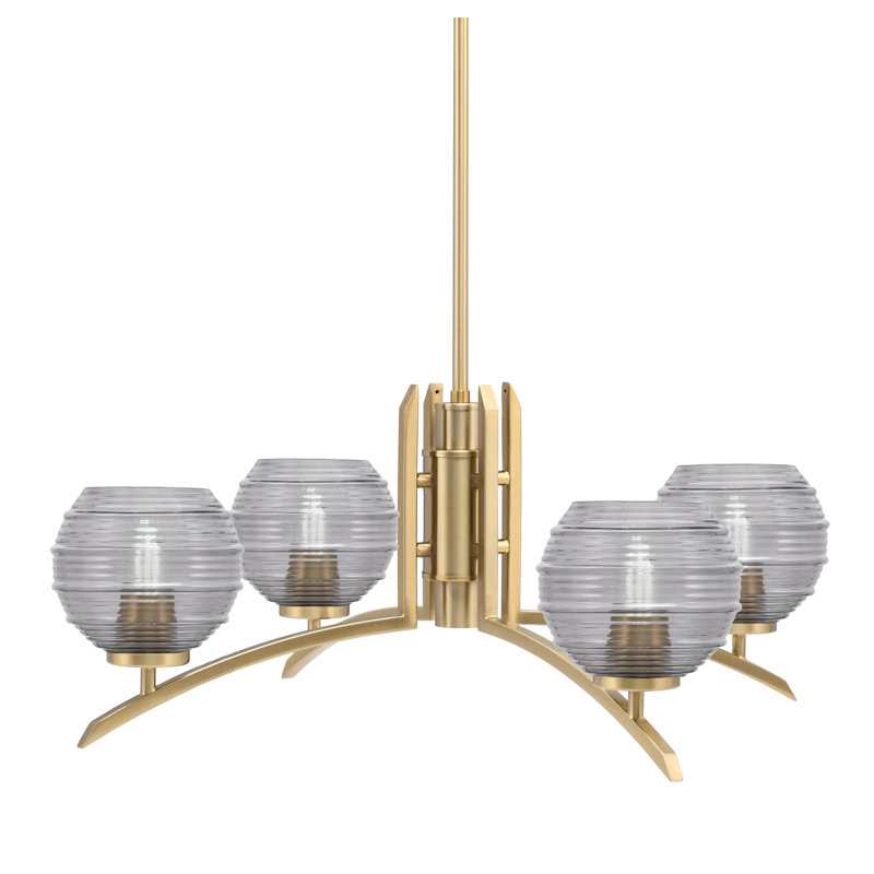 Lustre lumineux en verre nervuré fumée de 6 po, H 58,25 po x l 27,5 po x P 27,5 po, Laiton New Age, 4
