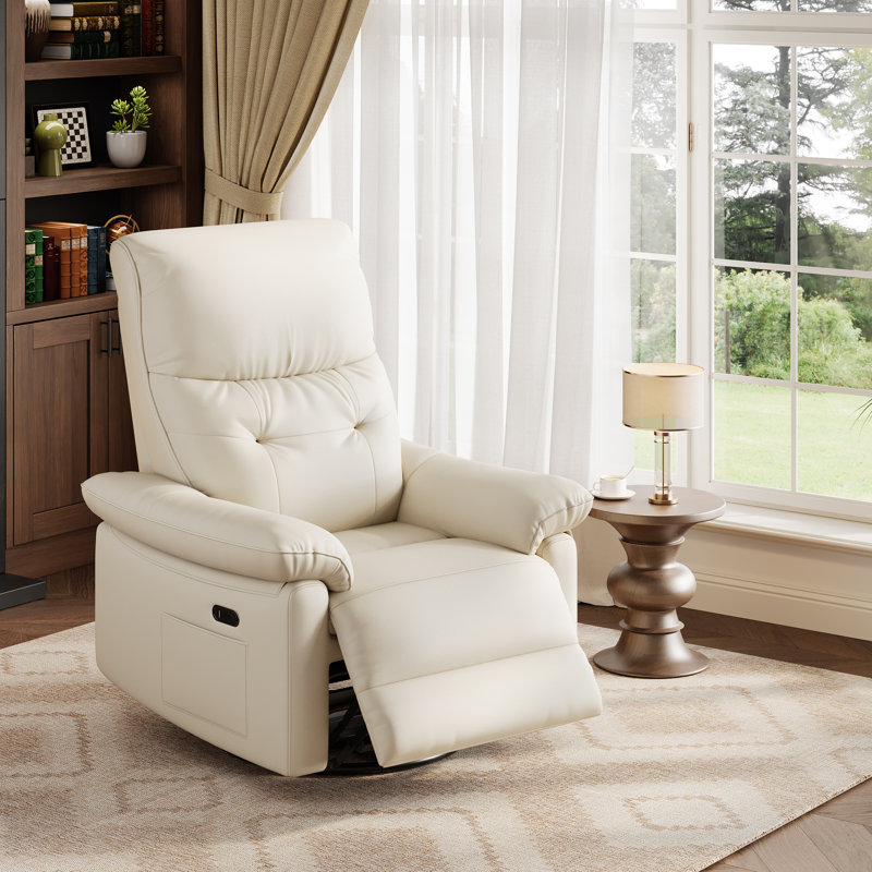 Fauteuil inclinable pivotant électrique à bascule - Rotation à 270°, port de chargement USB, revêtement en similicuir, dossier capitonné, poches latérales, accoudoirs épais à double couche, beige clair
