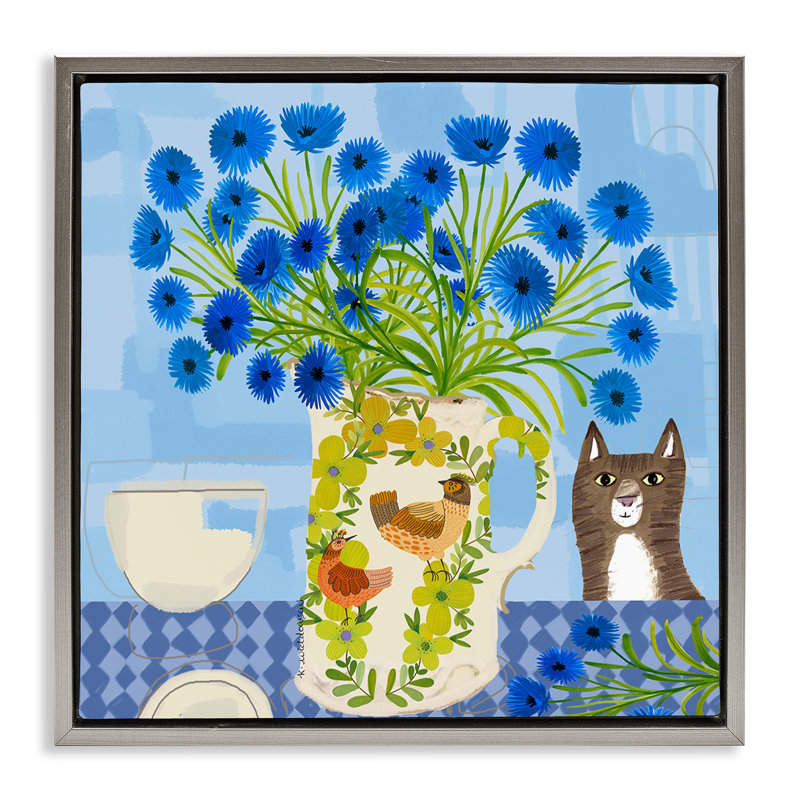 Cadre flottant Whimsical Jug of Cornflowers, design par Kay Widdowson, Cadre flottant gris lustré, H 18 po x l 18 po