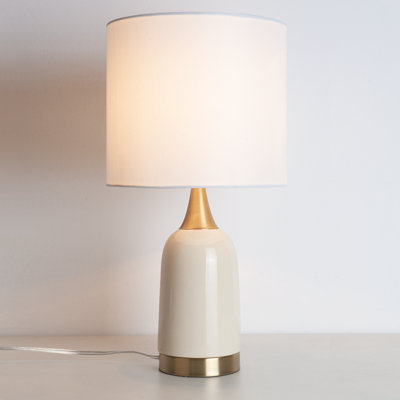 19.25"H Accent Table Lamp With Glossy Cream Ceramic, Antique Brass & White Linen Drum Shade