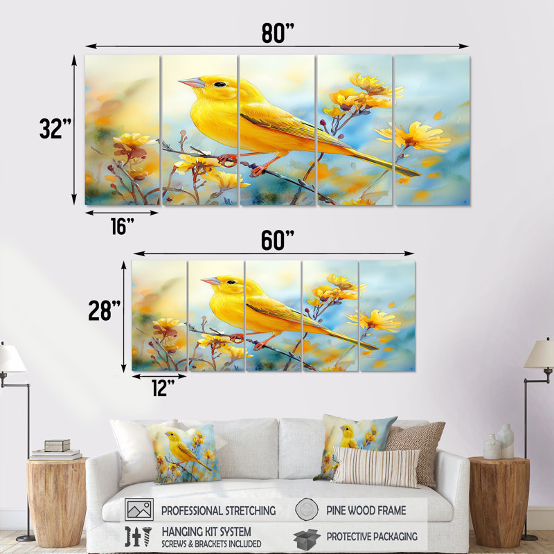 Oiseau pinson sur une tige de fleurs sauvages III - Art mural oiseau - ensemble d'art mural moderne, H 32 po x l 80 po, 5