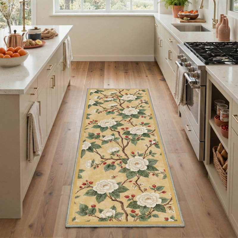 Aura Floral Machine Washable Yellow Indoor Area Rug with Non-Slip Backing, Runner 2' x 6'