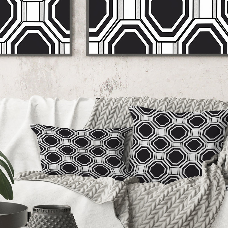 Coussin décoratif noir et blanc Hexagon VII - traditionnel, H 16 po x l 16 po