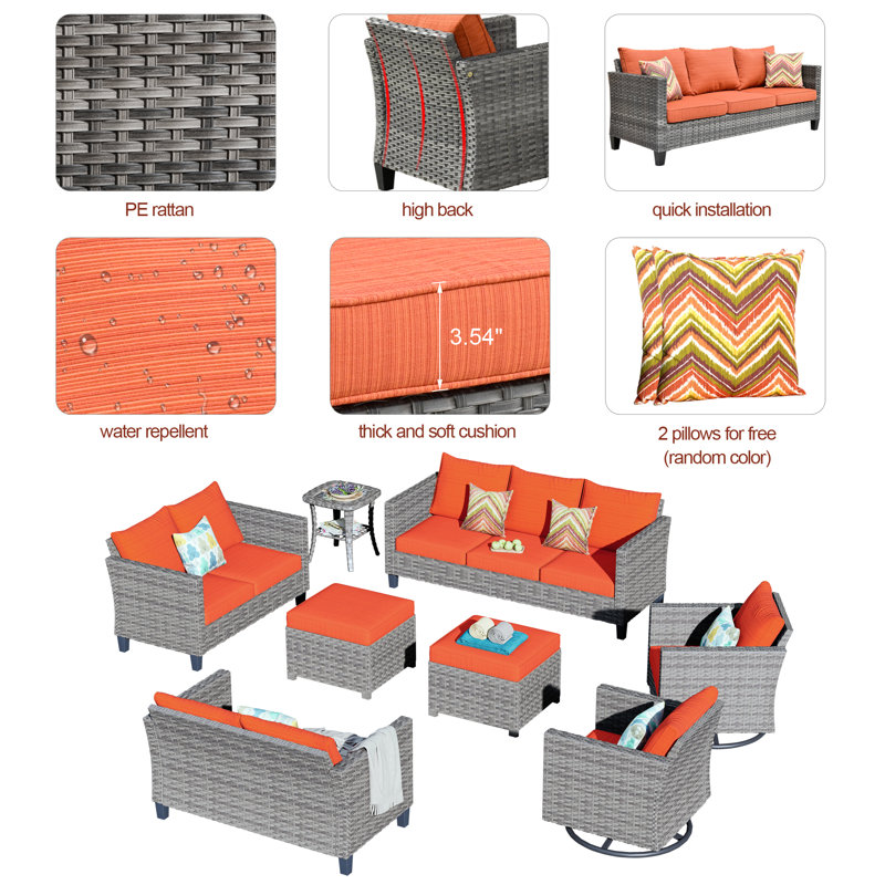 Rhyis 9 - Person Patio Conversation Set with Cushions, Orange/Red