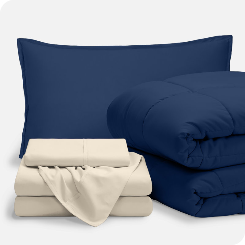 Lit dans un sac en microfibre 1800 de qualité supérieure 1800, Bleu foncé / sable, Édredon simple + 4 pièces supplémentaires