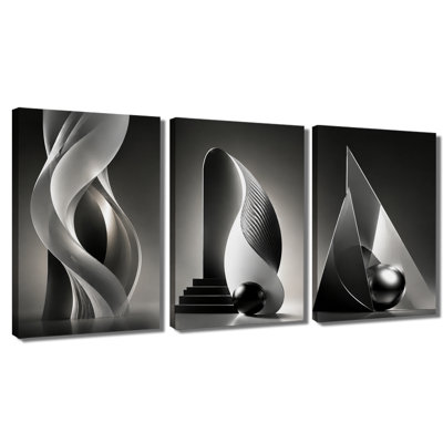 3‑Panel Wall Art Black White Abstract Geometric Canvas Print, Modern Minimalist Wall Decor
