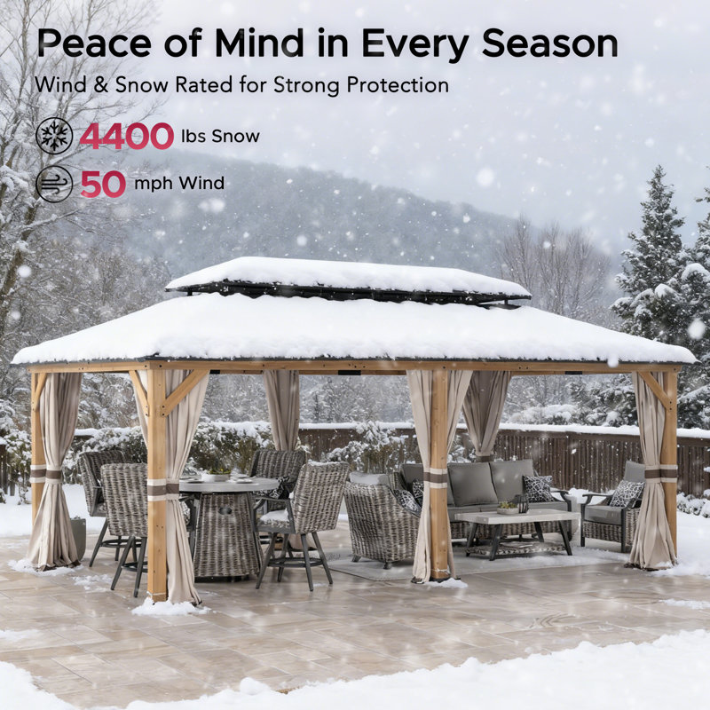 SUNJOY 12x20 Cedar Wood Gazebo with Galvanized Steel Roof and Curtains