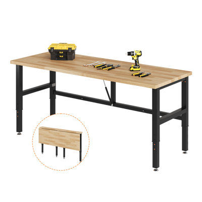 Établi pliable l 72 po x P 24 po, hauteur réglable H 34,7 po à 40 po, capacité de 1 540 lb, plateau en bois d'hévéa pour garage, atelier et bureau