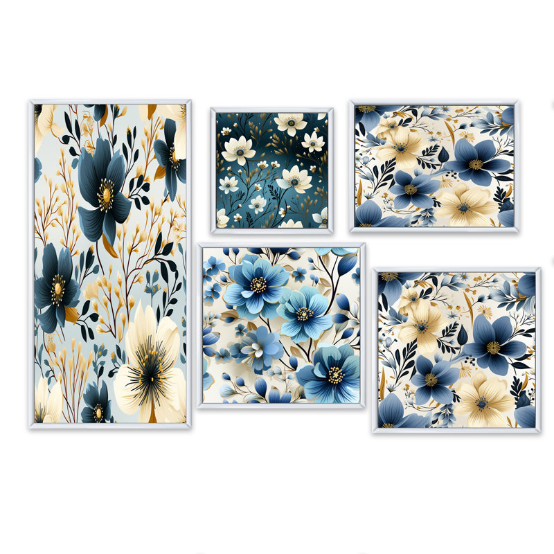 Flavie - Floral Canvas Prints Set Of 5, White Floater Framed