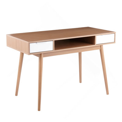Pebble Contemporary Double Desk in Natural Wood with White Wood Drawers