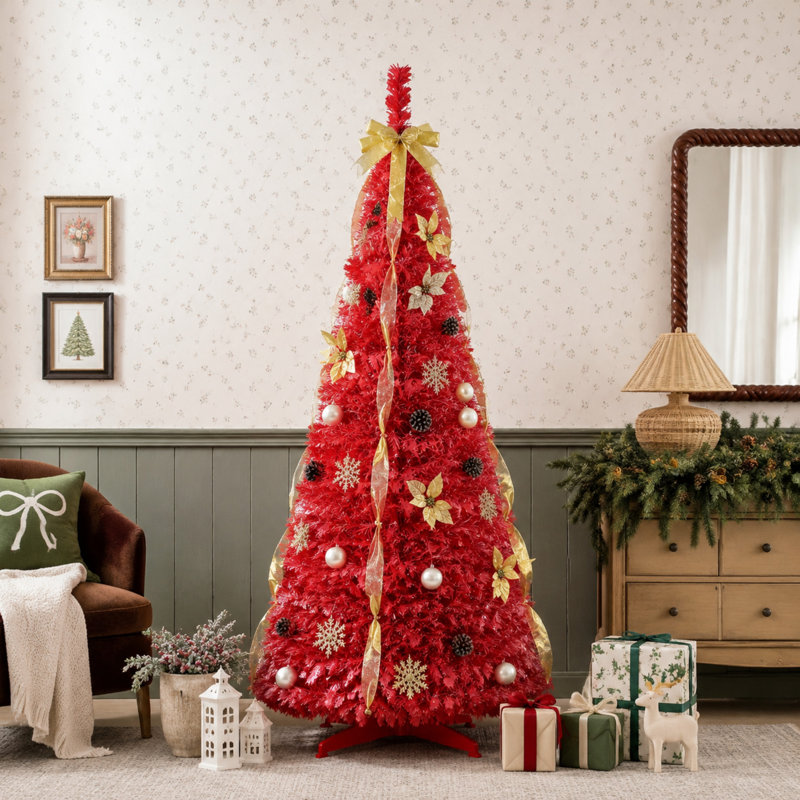 Sapin de Noël rouge pliable avec 150 lumières DEL blanc chaud