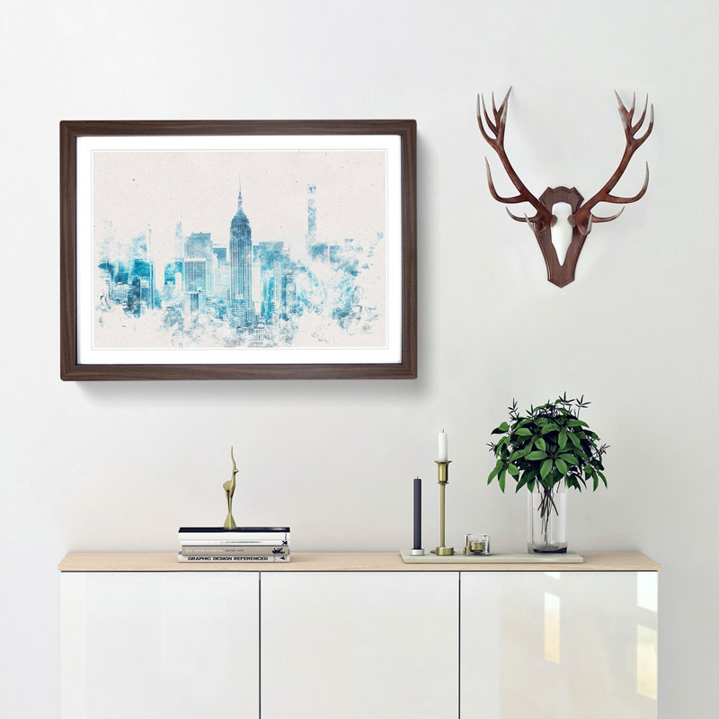 Manhattan New York Skyline Watercolour - Picture Frame Graphic Art Print, Walnut Framed, 45cm H x 63cm W x 2cm D