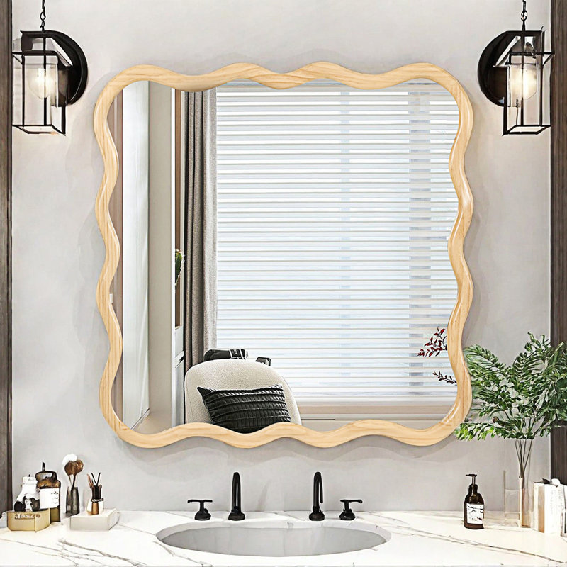 Miroir Wavy, Carrée, 36,03 po x 36,03 po, Bois naturel