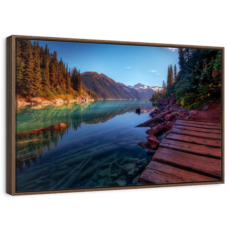 Lac de montagne aux couleurs vives, 46 po x 31 po, Cadre flottant en noyer