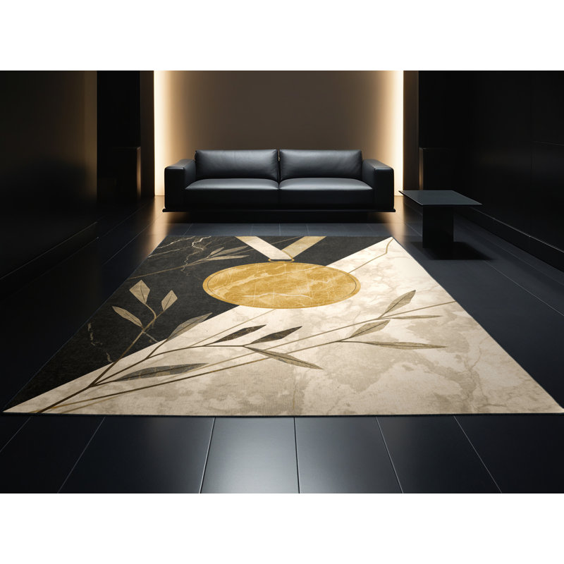 Machine Washable Takengon Gold Medal Posh & Luxe Marble Rug in Beige – Black Binding, 8x10