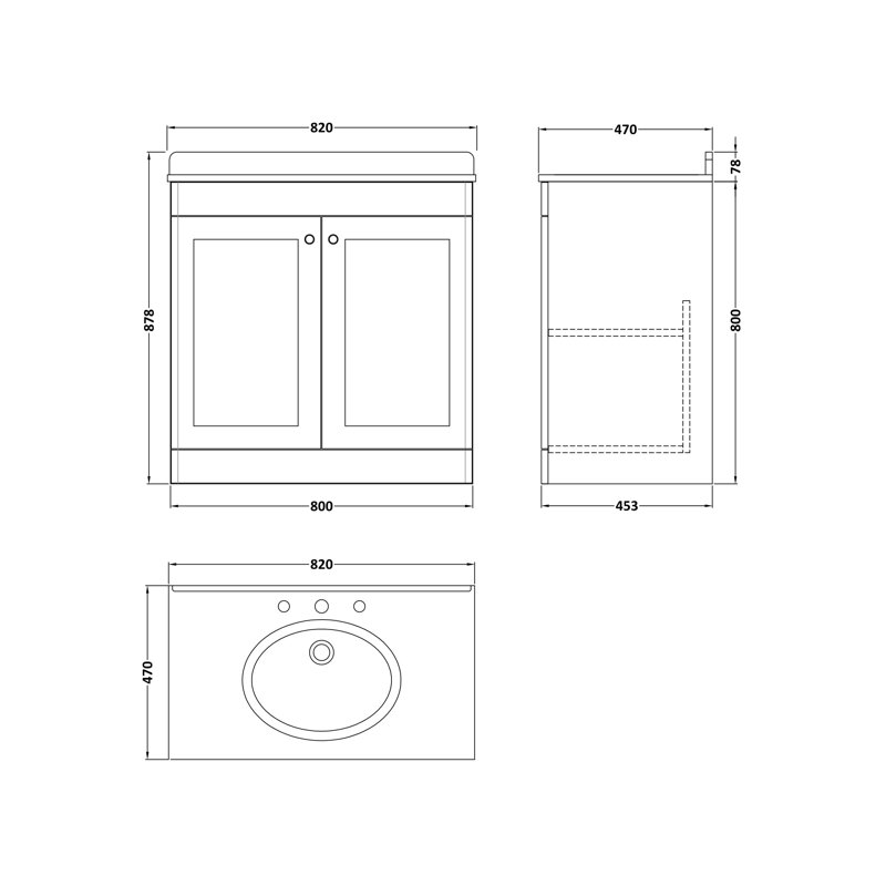 Classique 820mm Single Bathroom Vanity with Drop In Vitreous China Basin, Satin White, Black
