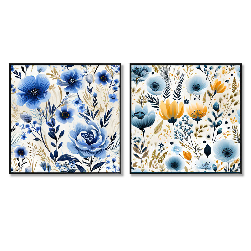 Blue Boho Chic Floral Motif II - ensemble de collage abstrait botanique carré de 2, Cadre flottant noir, H 36 po x l 73 po