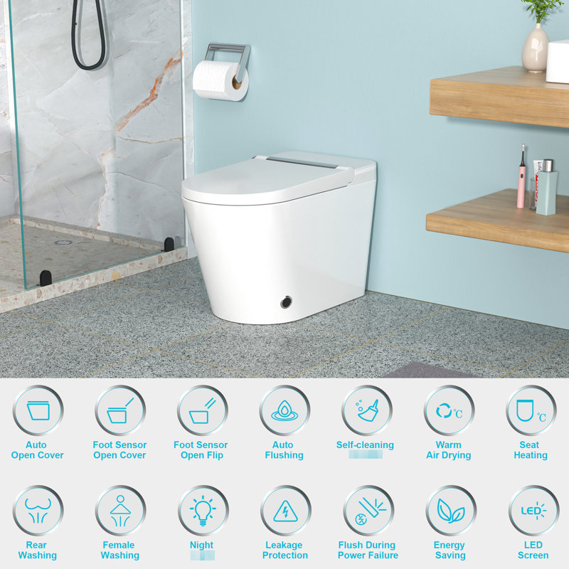 Toilette de bidet moderne et intelligente avec fonction - siège chauffant allongé, lavage à l'eau chaude, sécheuse, affichage à DEL, fonction avancée de nuit, chasse d'eau automatique