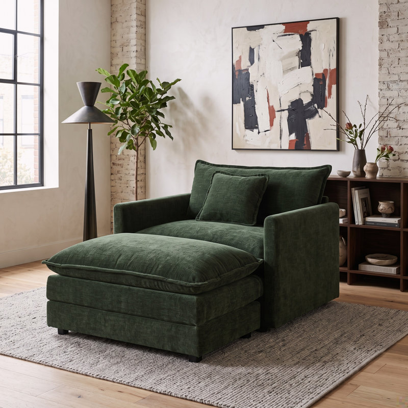 Méridienne rembourrée avec repose-pieds assorti et coussins moelleux, vert foncé