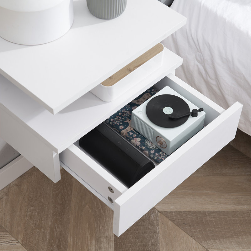 Ensemble de 2 tables de chevet flottantes avec tiroir et tablette, blanc