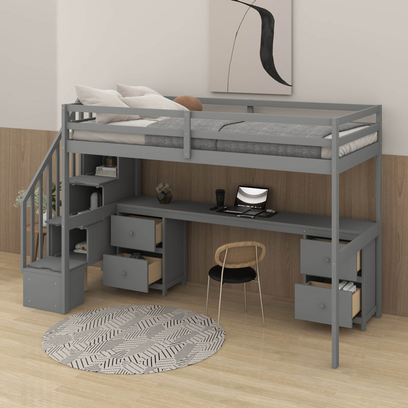 Twin Size Loft Bed Frame With Desk And Drawer, Gray