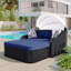 Lit de bronzage d'extérieur 79,9 po avec auvent réglable, lit double, lit de repos en rotin Pe, osier noir et coussin bleu