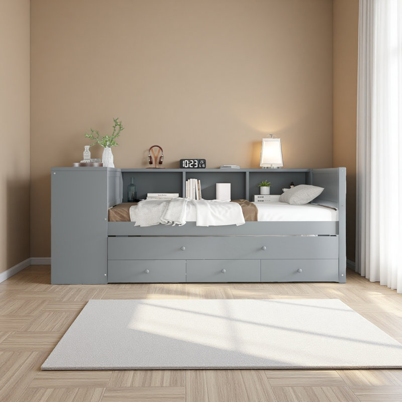 Lit de jour avec couchette, structure de lit de jour en bois avec tiroirs de rangement et tablettes latérales, lit de jour avec bureau, aucune boîte à ressorts nécessaire