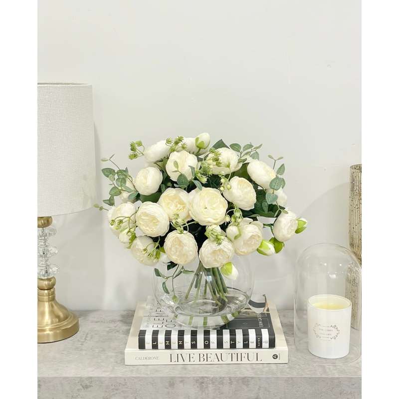 Rose Peonies Arrangement in Vase, White