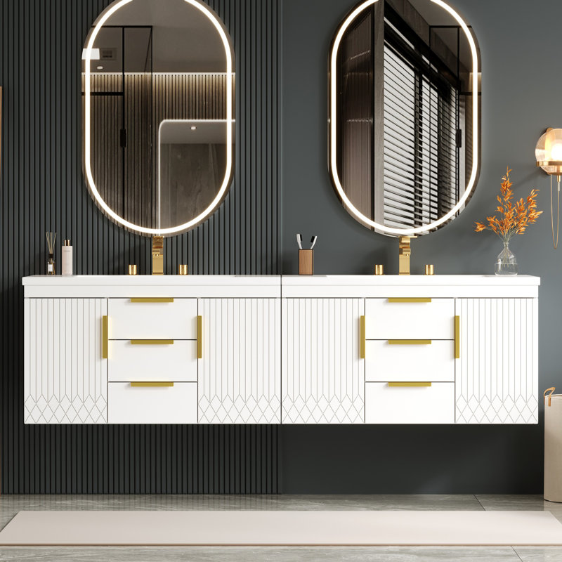 Meuble-lavabo mural 72 po, armoire de rangement flottante avec tiroirs, armoire de salle de bain en bois massif 72 po