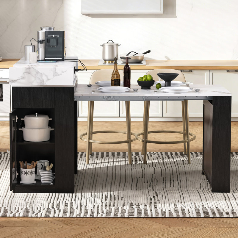 Îlot de cuisine 57,7 po avec plateau extensible sur roulettes, table de salle à manger, table de bar avec tiroirs et prise de courant pour la cuisine et la salle à manger