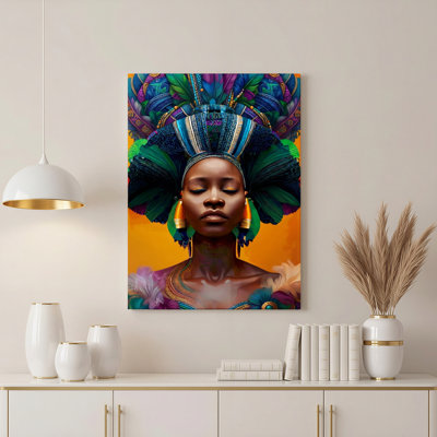African Tribal Headdress And Feathers Canvas Wrapped Wall Art Oil Painting Print Set Of 1