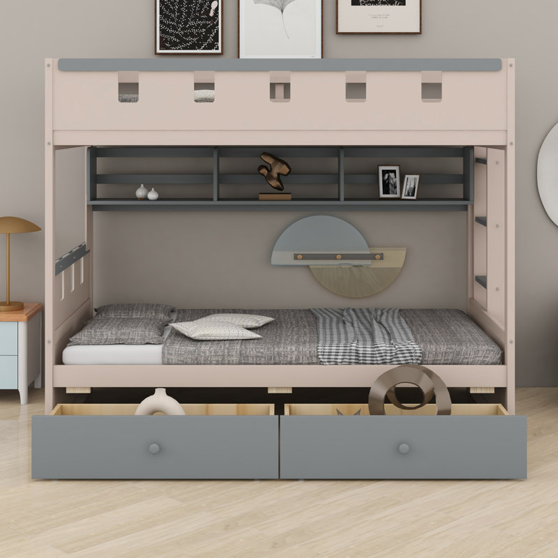 Lit superposé de style château avec 2 tiroirs sous le lit, tablette et DEL, Lit simple, Gris