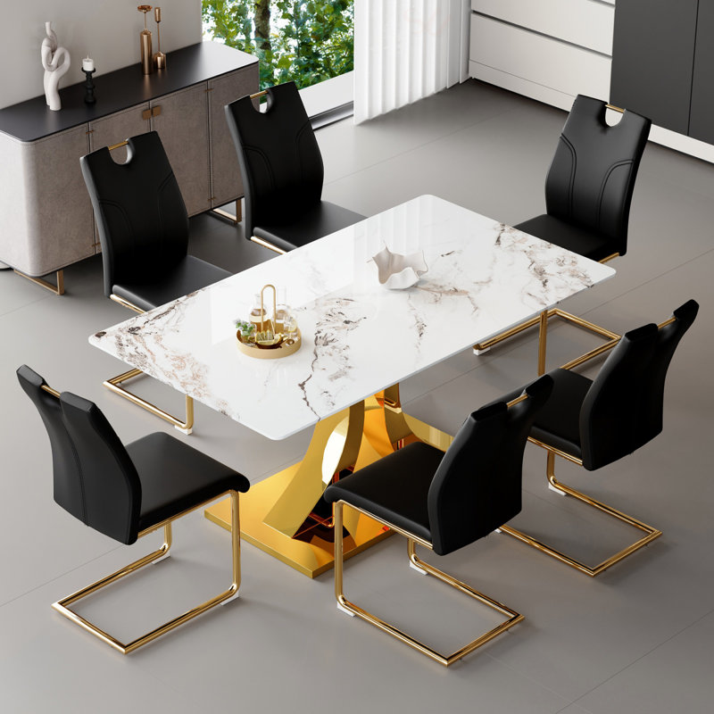 Ensemble de table de salle à manger et de chaises en verre pressé à motif marbré avec accents dorés: table pliable de 63 pouces et 6 fauteuils en forme de U - Design moderne et minimaliste, ensemble de table de salle à manger