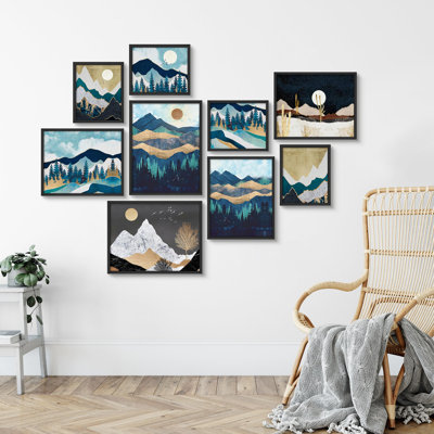 Montagne, paysage, moderne, abstrait, nature, bleu et tons dorés, illustrations, art moderne, petit décor