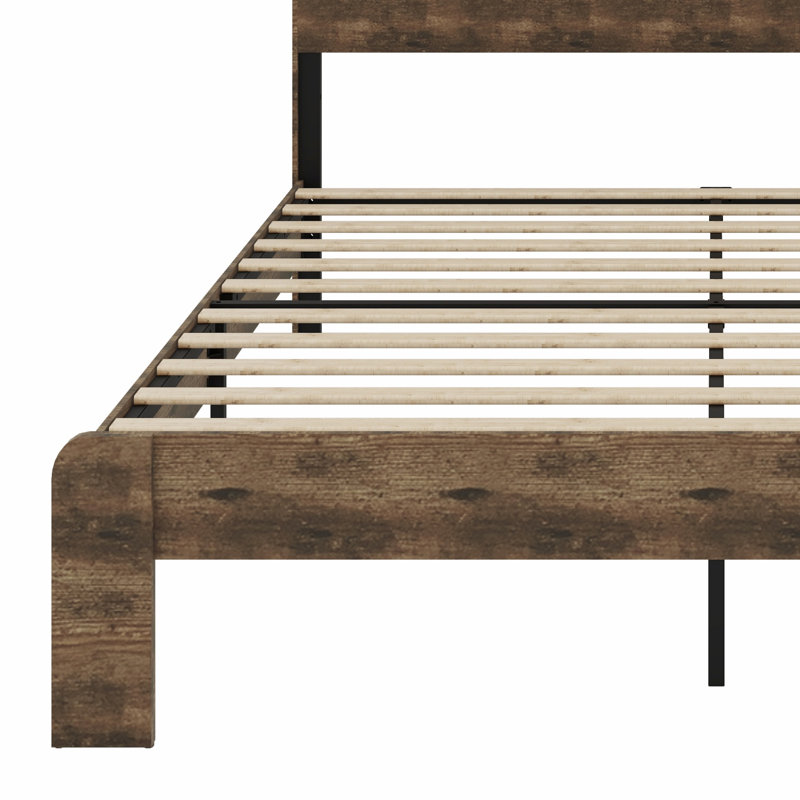 Wood Platform Bed Frame With Storage LED Light Headboard And  USB, Queen