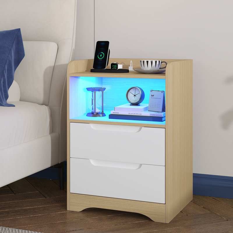 2 Drawer Bedside Table with Charging Station and LED Lights, LED Bedside Cabinets with 3-Sided Guard Rail for Bedroom, 35cm W Side Table